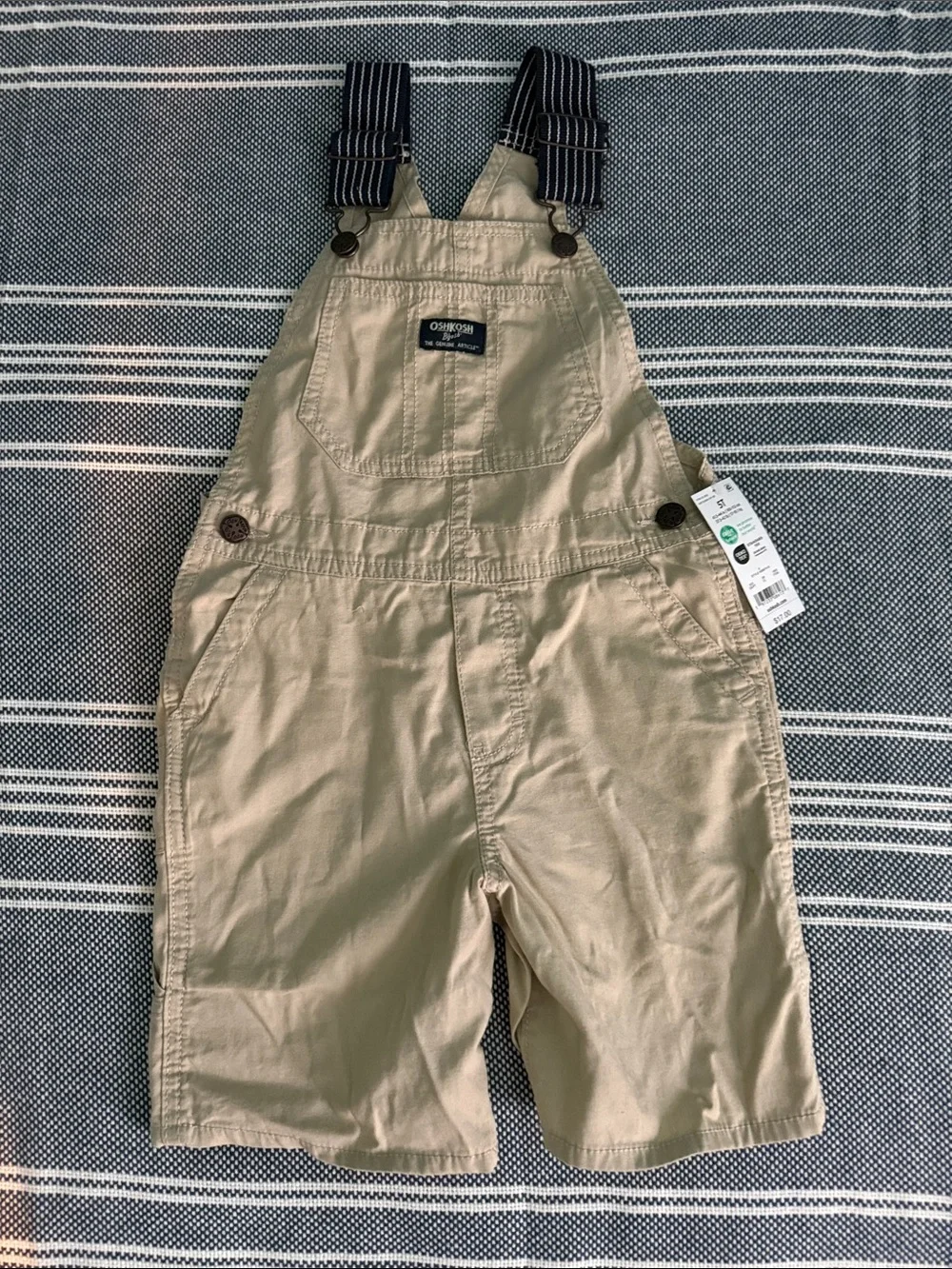 OshKosh B'gosh Khaki Short Overalls with Navy Striped Straps